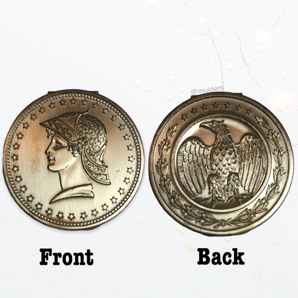 Vintage 1950s 50s Elgin American Silver Tone Coin Eagle Liberty Compact Mirror